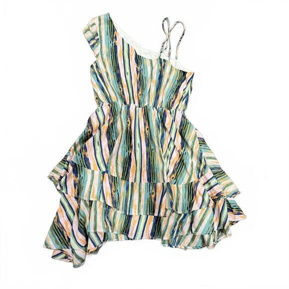 Free People Asymmetrical Sleeveless Ruffle Stripe Short Mini Dress- Size XS - Picture 4 of 7